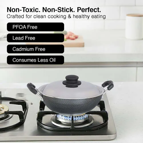 Prestige Omega Select Plus Superior Non-stick Coating Round Base Kadai with Lid, 17cm (Black) - Alternate View